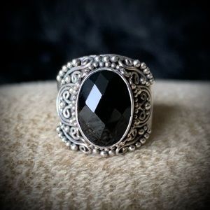 Vintage Gothic Black Onyx Faceted Ornate Wide Sterling ring